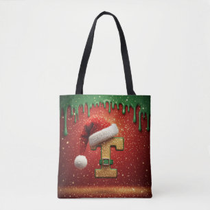 Personalized Christmas Monogram T with Santa Hat Tote Bag