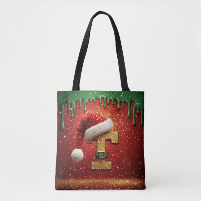 Personalized Christmas Monogram T with Santa Hat Tote Bag (Front)