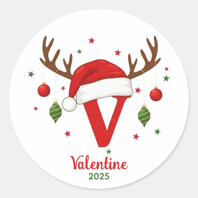 Personalized Christmas Monogram V Santa Hat Classic Round Sticker (Front)
