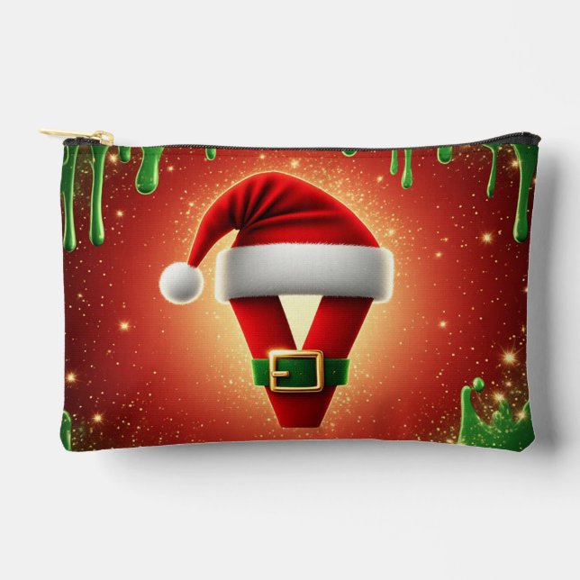 Personalized Christmas Monogram V with Santa Hat Accessory Pouch (Front)