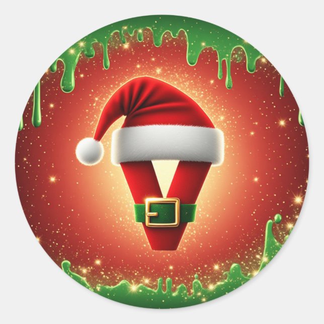 Personalized Christmas Monogram V with Santa Hat Classic Round Sticker (Front)