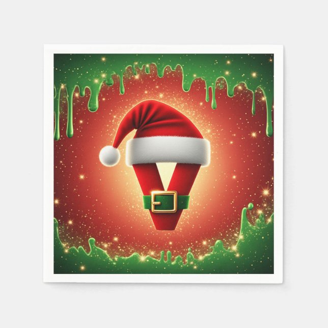 Personalized Christmas Monogram V with Santa Hat Napkin (Front)