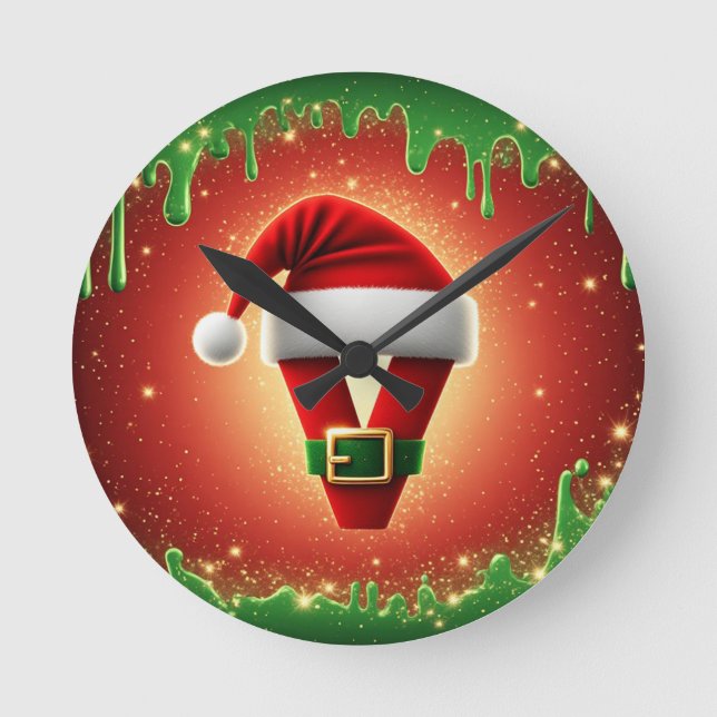 Personalized Christmas Monogram V with Santa Hat Round Clock (Front)