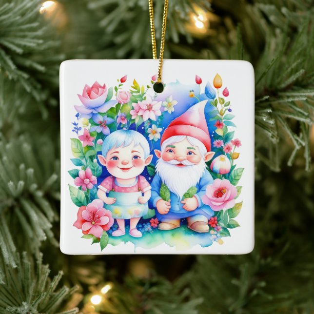 Personalized Christmas Mr and Mrs Clause Gnomes Ceramic Ornament (Tree)