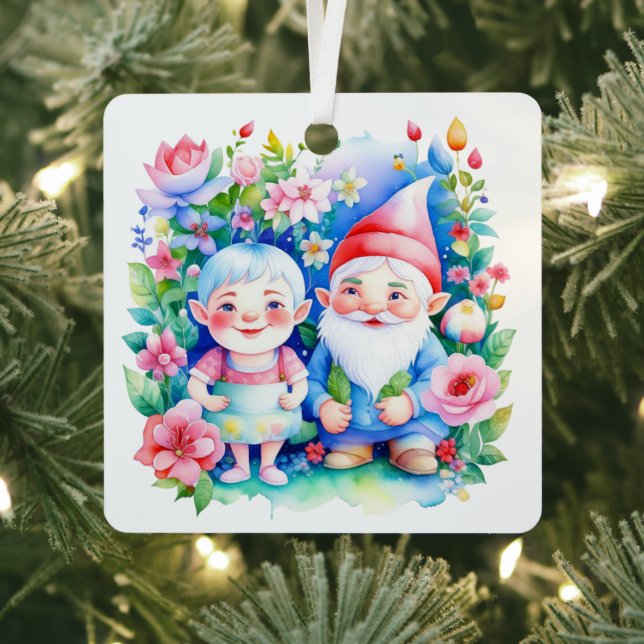 Personalized Christmas Mr and Mrs Clause Gnomes Metal Ornament (Insitu)