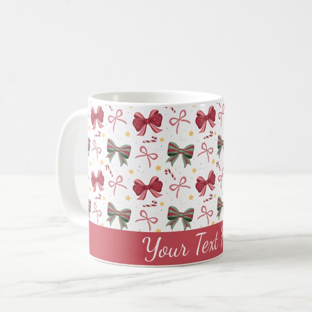 Personalized Christmas Mug With Red and Green Bows (Front Left)