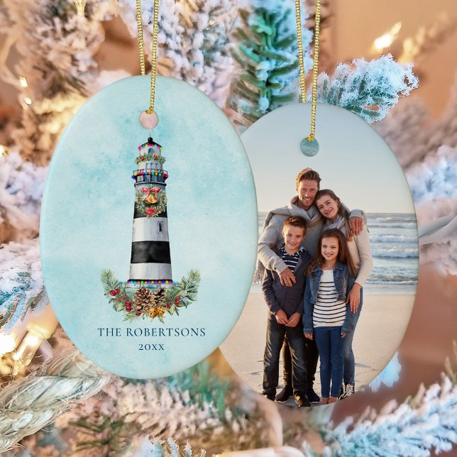 Personalized Christmas Nautical Lighthouse Photo Ceramic Ornament (Creator Uploaded)