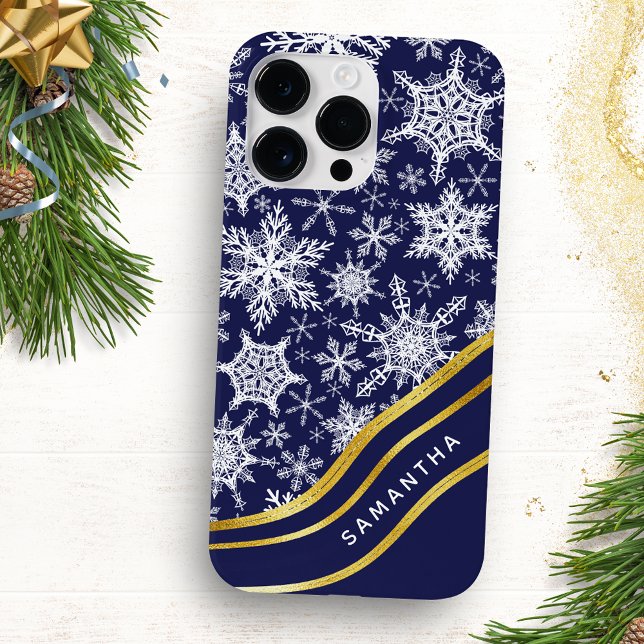 Personalized Christmas Navy Blue Gold Snowflakes Case-Mate iPhone Case (Creator Uploaded)