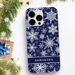 Personalized Christmas Navy Blue White Snowflakes Case-Mate iPhone 14 Pro Max Case<br><div class="desc">This monogrammed Christmas phone case features a navy blue and white snowflakes pattern. The template makes it easy to type your name to create a unique accessory for a winter holidays season.</div>