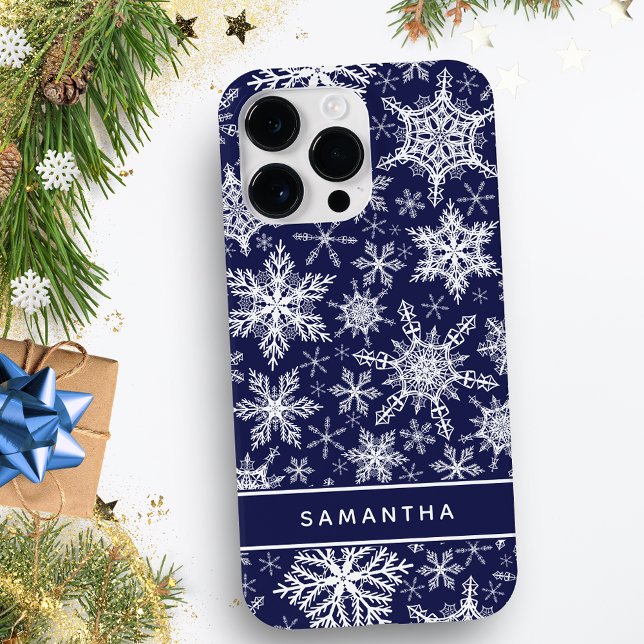 Personalized Christmas Navy Blue White Snowflakes Case-Mate iPhone Case (Creator Uploaded)