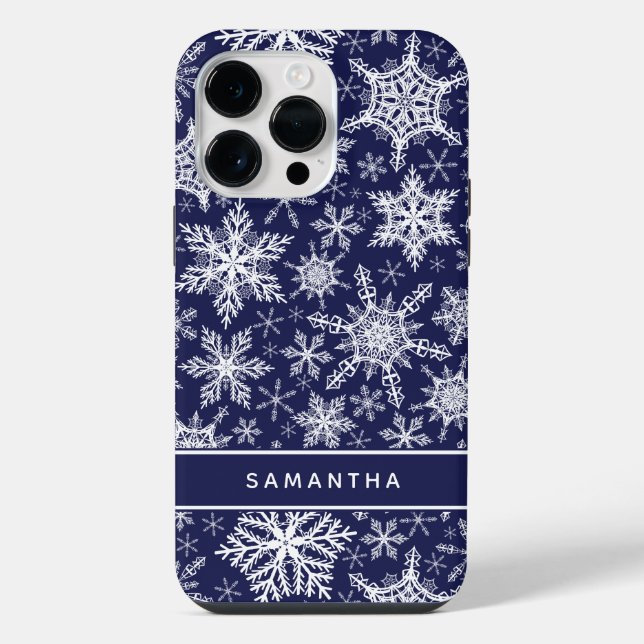 Personalized Christmas Navy Blue White Snowflakes iPhone Case (Back)