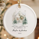 Personalized Christmas New Home Ceramic Ornament<br><div class="desc">Celebrate the joy of new beginnings with our personalized Christmas ornament featuring a charming winter house design, perfect for commemorating your first Christmas in your new home. This exquisite keepsake gift not only adds a touch of warmth to your holiday decor but also serves as a heartfelt reminder of cherished...</div>