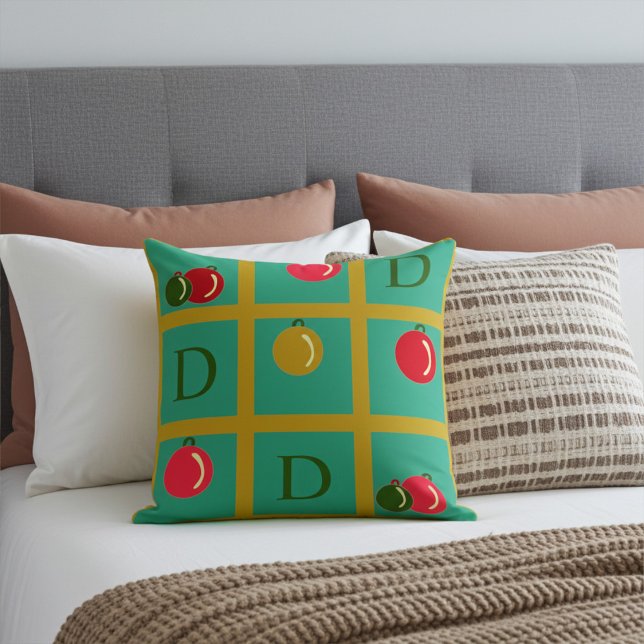 Personalized Christmas Ornamental Squares on Green Throw Pillow (Creator Uploaded)