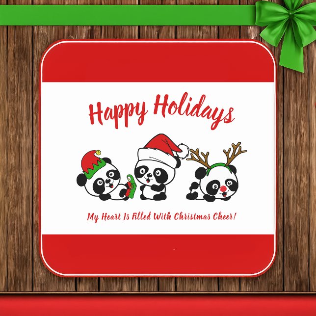 Personalized Christmas Pandas Square Paper Coaster (Creator Uploaded)
