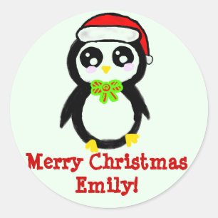 Personalized Christmas Penguin Classic Round Sticker