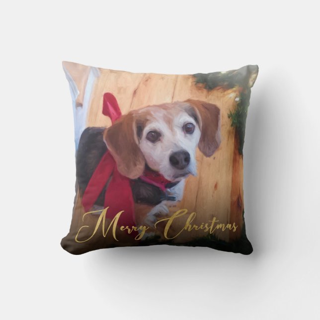 Personalized Christmas Pet Photo Gold Script Throw Pillow (Front)