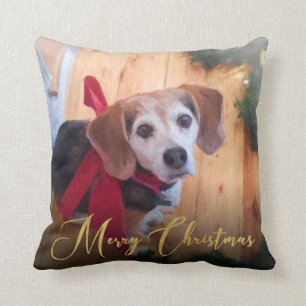 Personalized Christmas Pet Photo Gold Script Throw Pillow