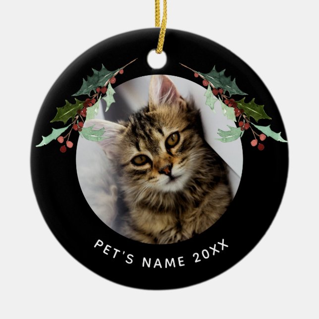 Personalized Christmas Pet Photo Holly on Black Ceramic Ornament (Front)