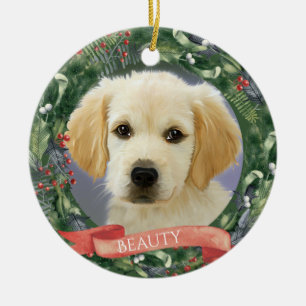Personalized Christmas Pet Photo Wreath Ceramic Ornament