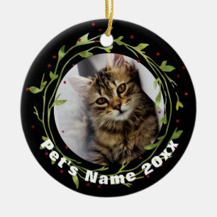 Personalized Christmas Pet Photo Wreath on Black Ceramic Ornament