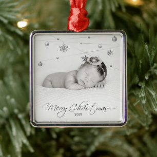 Personalized Christmas Photo and Calligraphy Metal Ornament