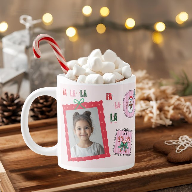 Personalized Christmas Photo | Cute Pink Fa La La Large Coffee Mug (Creator Uploaded)