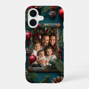 Personalized Christmas Photo Frame Pine Cones iPhone 16 Case