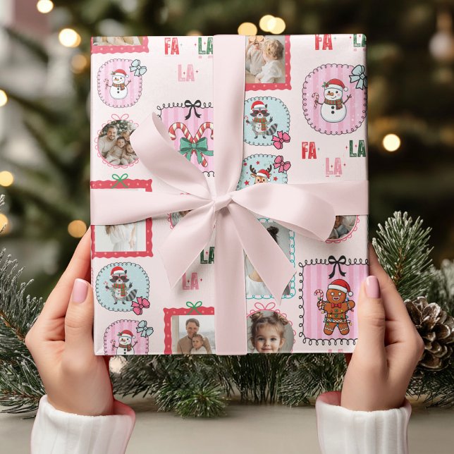 Personalized Christmas Photo Pink Holiday Fa La La Wrapping Paper (Creator Uploaded)