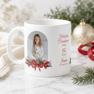 Personalized Christmas Photo Red Bow Family Coffee Mug