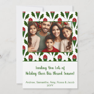Personalized Christmas Photo Red Roses, Holly Art Holiday Card