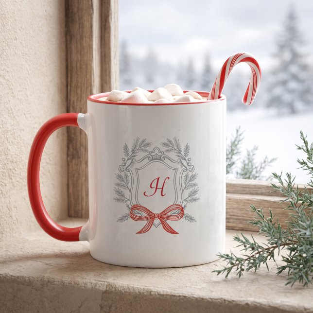 Personalized Christmas Pine Crest Monogram Red Bow Mug (Personalized Christmas Pine Crest Monogram Red Bow Mug)