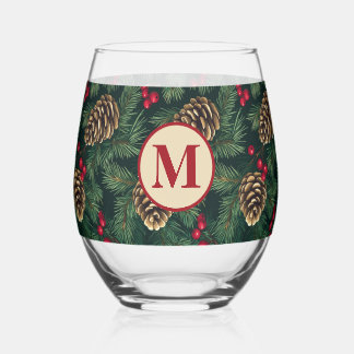 Personalized Christmas Pine Monogram Stemless Wine Glass