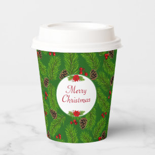 Personalized Christmas Pinecones & Berries Paper Cups