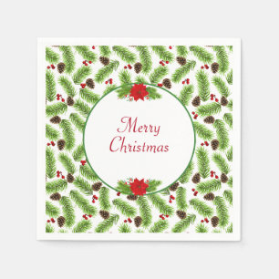 Personalized Christmas Pinecones & Red Berries Napkin
