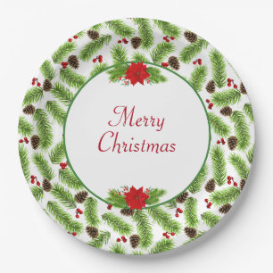 Personalized Christmas Pinecones & Red Berries Paper Plate