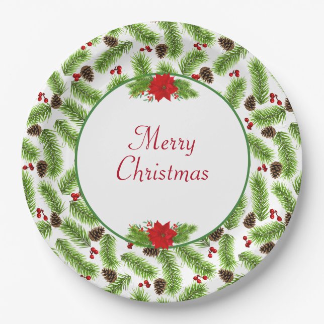 Personalized Christmas Pinecones & Red Berries Paper Plate (Front)