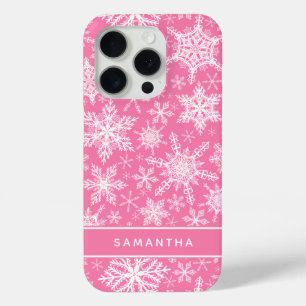 Personalized Christmas Pink and White Snowflakes iPhone 15 Pro Case