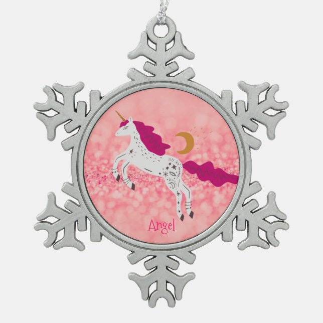 Personalized Christmas Pink Glitter Unicorn Snowflake Pewter Christmas Ornament (Front)