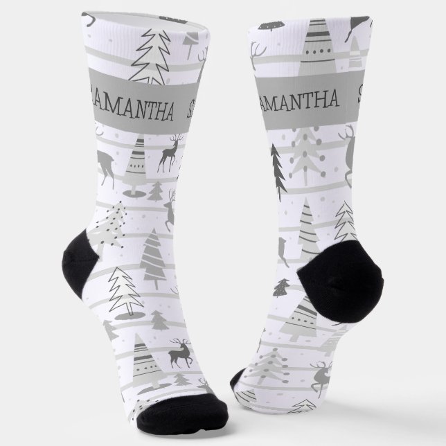 Personalized Christmas Pink Holiday Tree Reindeer  Socks (Angled)
