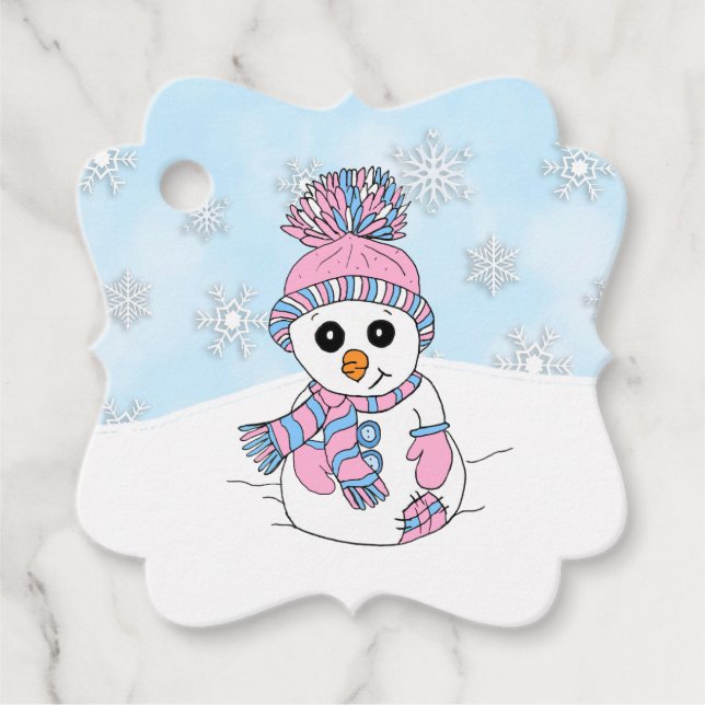 Personalized Christmas Pink Snowman Favour Tags (Front)