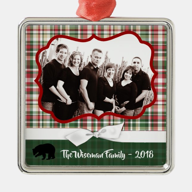 Personalized Christmas Plaid Bear PHOTO Ornament (Front)