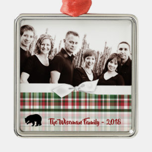 Personalized Christmas Plaid Bear PHOTO Ornament