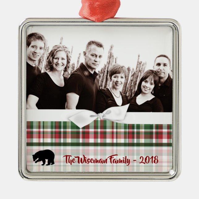 Personalized Christmas Plaid Bear PHOTO Ornament (Front)