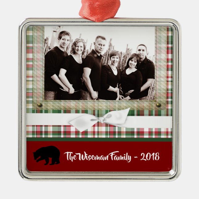 Personalized Christmas Plaid Bear PHOTO Ornament (Front)
