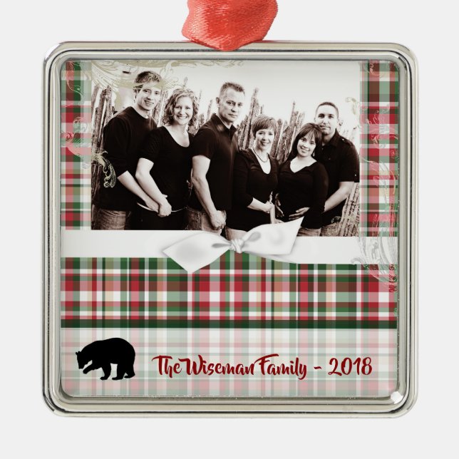 Personalized Christmas Plaid Bear PHOTO Ornament (Front)