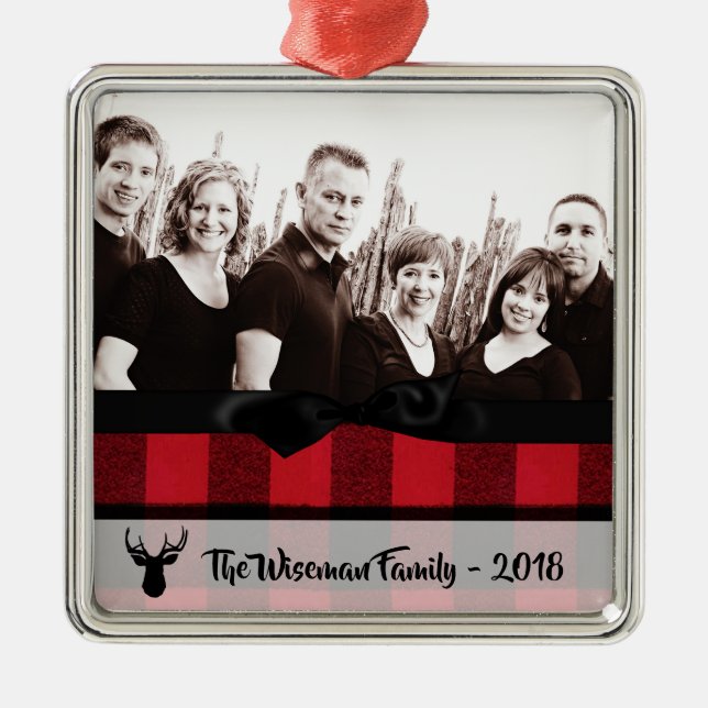 Personalized Christmas Plaid Deer PHOTO Ornament (Front)