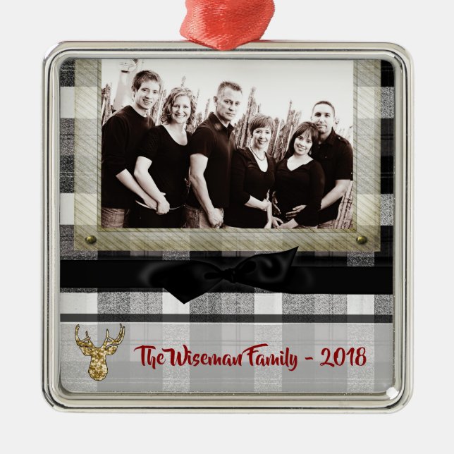 Personalized Christmas Plaid Deer PHOTO Ornament (Front)
