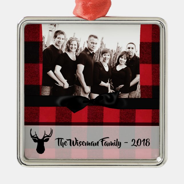 Personalized Christmas Plaid Deer PHOTO Ornament (Front)