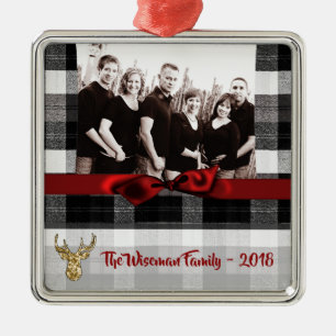 Personalized Christmas Plaid Deer PHOTO Ornament