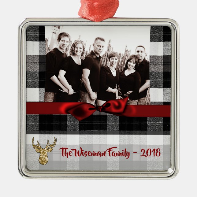 Personalized Christmas Plaid Deer PHOTO Ornament (Front)